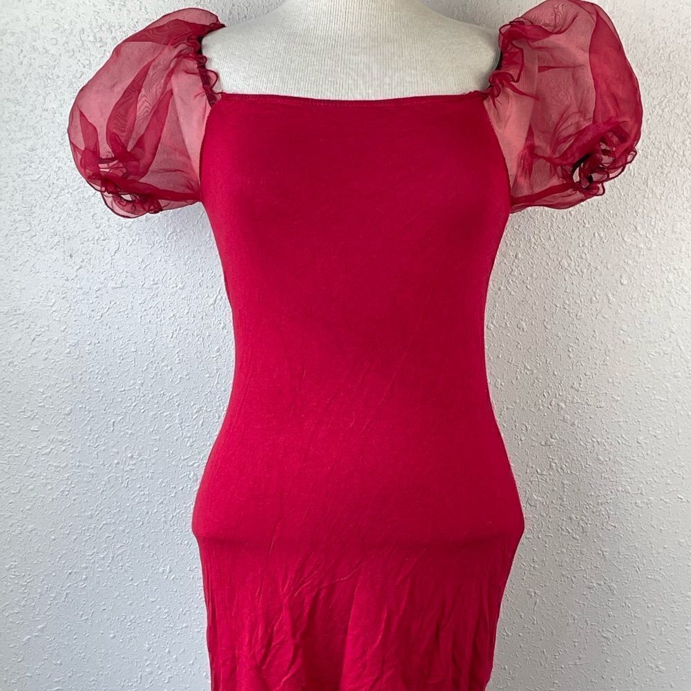 EUC Wearever Womens Red Top with Puffy Sheer Sleeves Size M